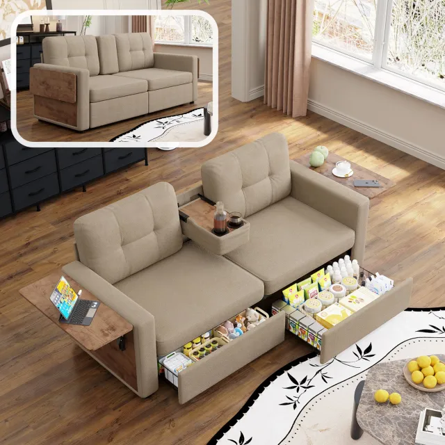 DESMIU Slaapbank 178 Bij 71 Bij 57,5 Cm - 2-Zits Met Opbergladen, Klaptafel En Bekerhouders - Woonkamer - Chenille Khaki