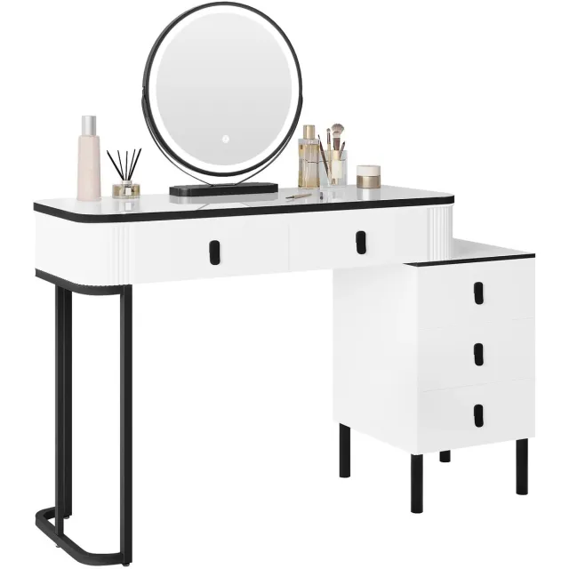 Heidat make up tafel - Kaptafel met spiegel en dimbare led verlichting - Kleur Wit - 3 lichtstanden - 5 lades - 100x125x40 cm