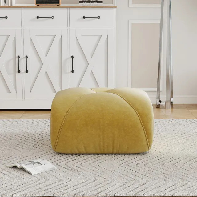 MUVANO Elowin Hocker Geel - Luxe poef van chenille stof - Modulaire hocker met 32D schuim - Veilige voetenbank - 78x76x45cm - Ergonomisch - Woonkamer Geel