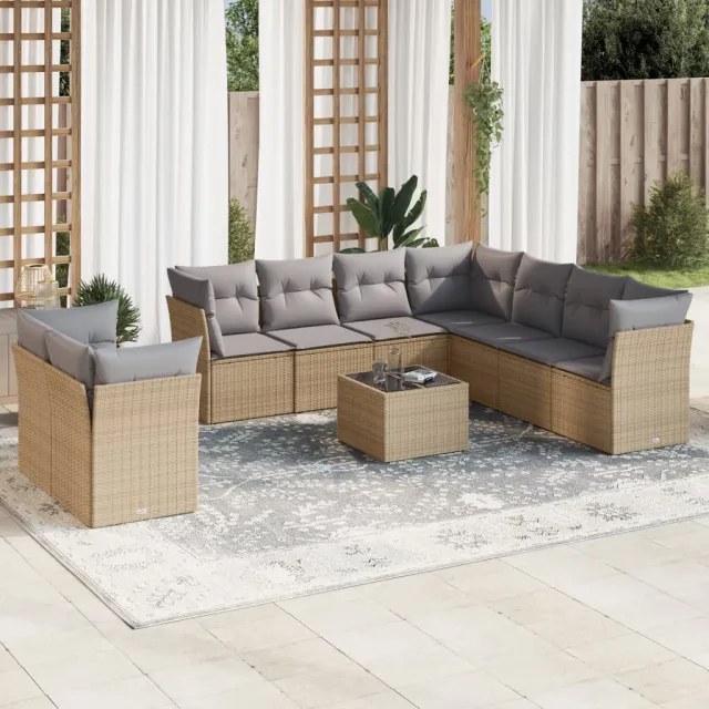 vidaXL 10-delige Loungeset met kussens poly rattan beige