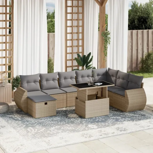vidaXL 9-delige Loungeset met kussens poly rattan beige, foto 2
