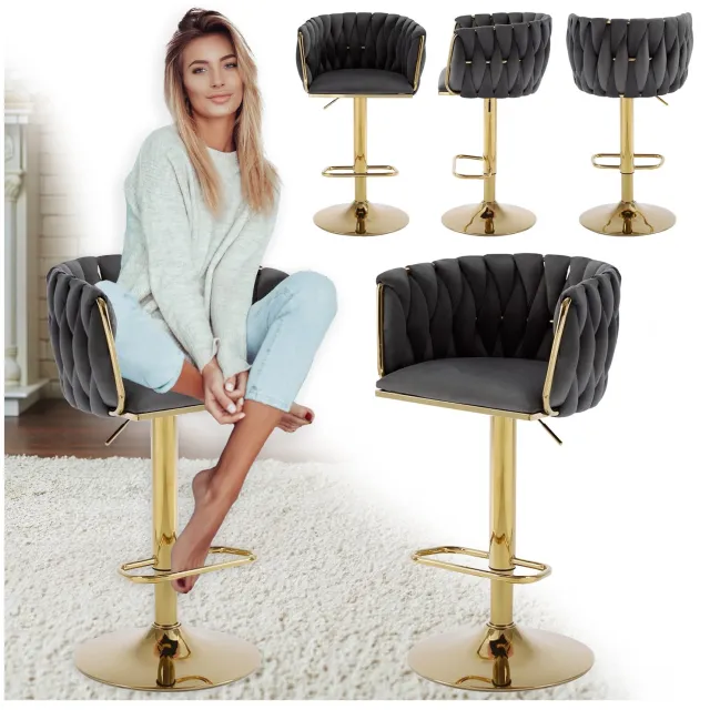 VELACO Velours barkruk SURI donkergrijs met gouden voet – Stijlvol en comfortabel