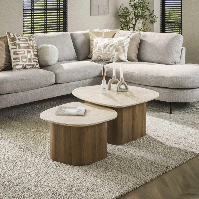 Giga Living Giga Meubel Salontafel Romano - Kiezelvormig - Travertinlook - Set Van 2