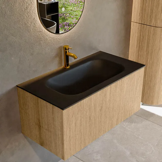 Mondiaz KURVE 90 cm Onderkast Greeploos 1 Lade Zonder Deuren Oak, Wastafel Solid Surface Midden Urban 1 Kraangat Zonder Spiegel (KRVBGS901L0D1KM-Oak/Urb)