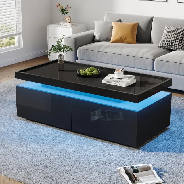 Clruro Salontafel - 95x45x35 cm - Hoogglans Met LED En 2 Lades Geometrisch Design - MDF - Zwart