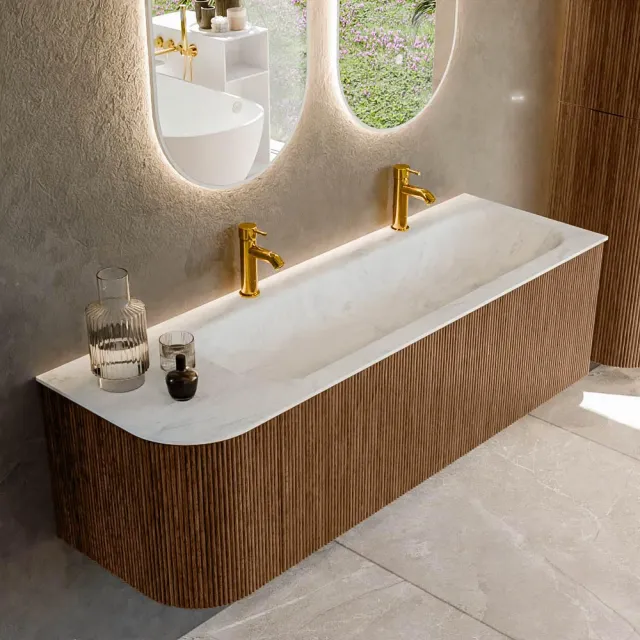 Mondiaz KURVE-DLUX 145 cm Onderkast Greeploos 1 Lade Met Deuren Walnut, Wastafel Solid Surface Rechts Opalo 2 Kraangaten Zonder Spiegel (KRVBGL145L1L1D2KR-Wal/Opa)