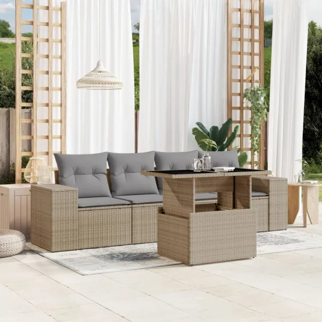 vidaXL 5-delige Loungeset met kussens poly rattan beige, foto 2