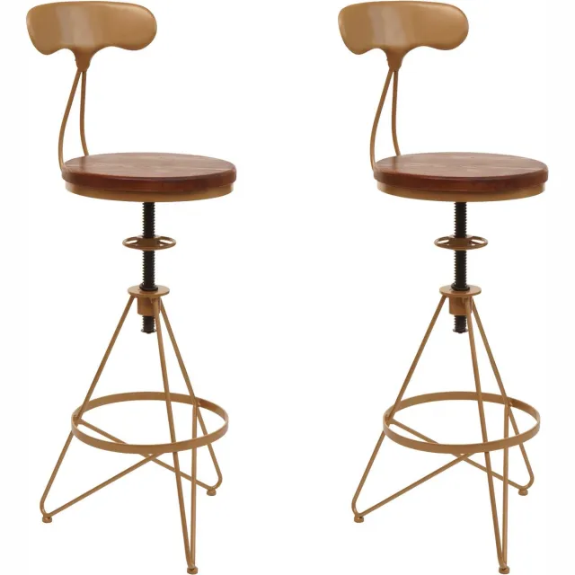 MCW Set van 2 barkrukken MCW-N18, barkruk, in hoogte verstelbare draaibare voetensteun, industrieel metaal hout ~ bruin, frame goud