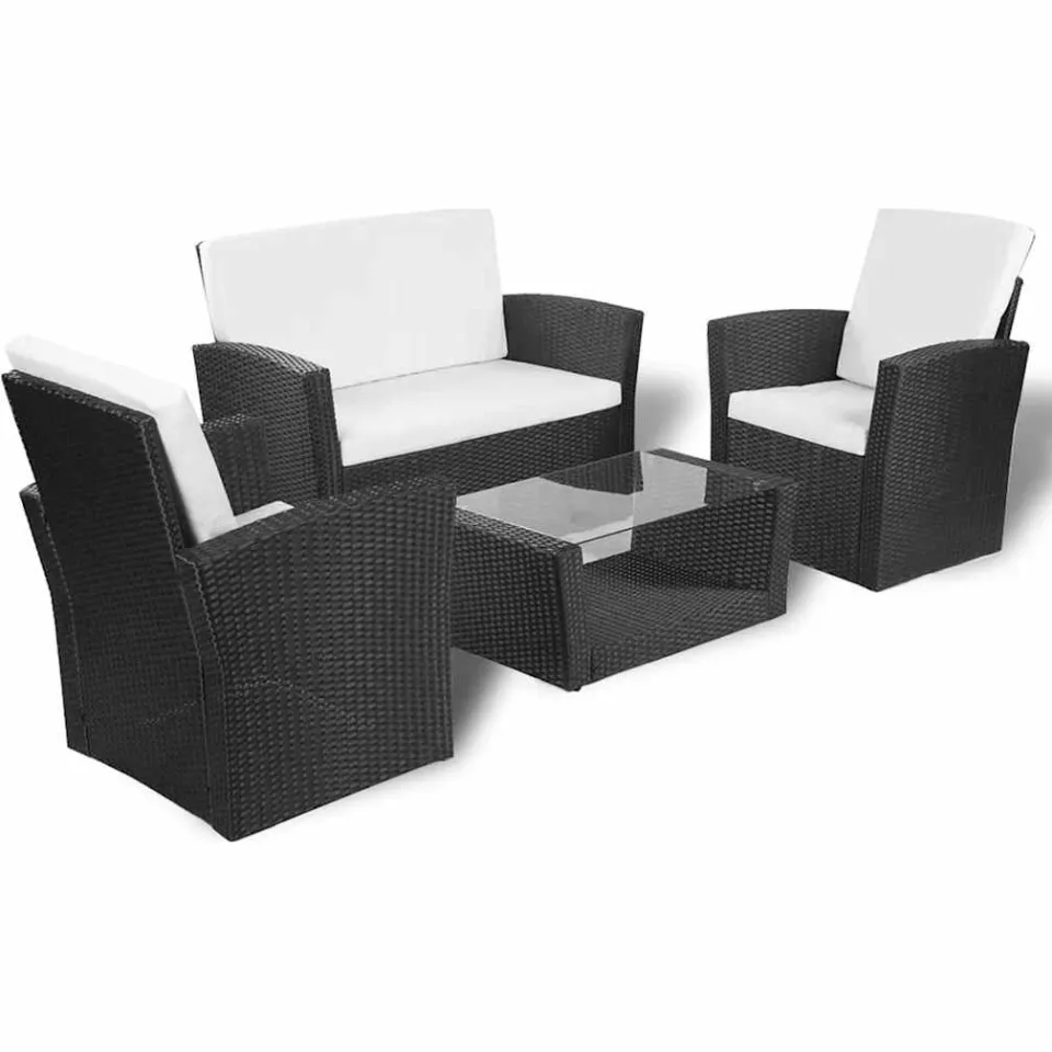 vidaXL 4-delige Loungeset met kussens poly rattan zwart