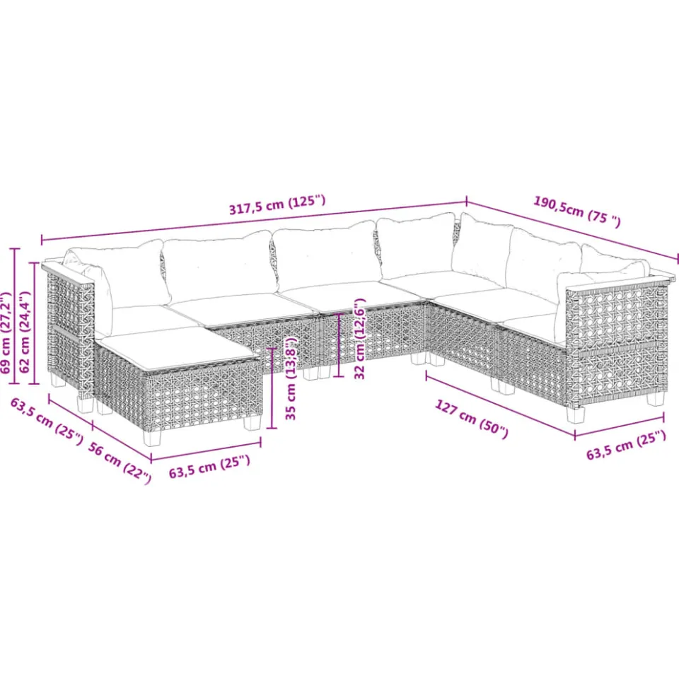 vidaXL 7-delige Loungeset met kussens poly rattan zwart, foto 3