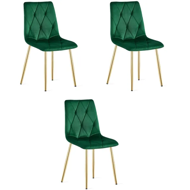 LEOBERT LIBRA Eetkamerstoelen – Set van 3 – Groen Velvet – Goudkleurige Metalen Poten – Comfortabele Gestoffeerde Zitting – Modern Design – Velvet Stoel voor Woonkamer, Keuken en Eetkamer – Max. 110 kg per Stoel