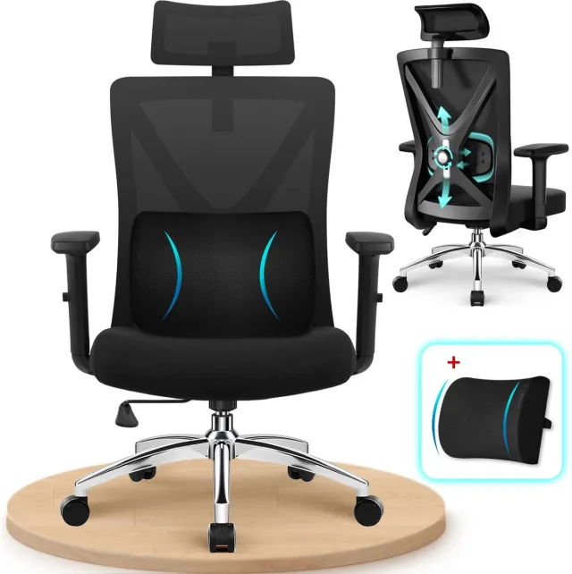 Fukstern Ergonomische Bureaustoel – Bureaustoel voor Volwassenen – Verstelbare Armleuningen & Hoofdsteun – Inclusief Lendenkussen – 135° Kantelfunctie – Metalen Voetkruis – Belastbaar tot 155 kg – Zwart Zwart-Met lendekussen
