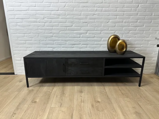 Tv-meubel Mangohout Zeb zwart met 1 deur en 2 lades