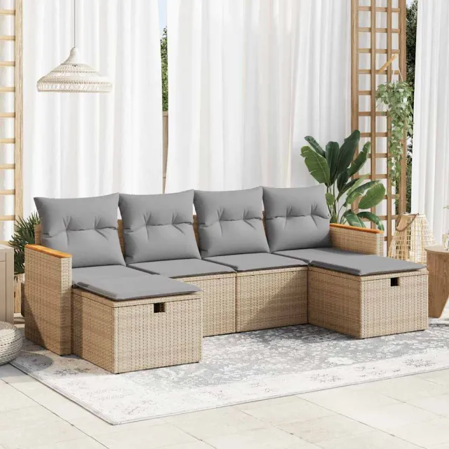 vidaXL 6-delige Loungeset met kussens poly rattan beige, foto 2