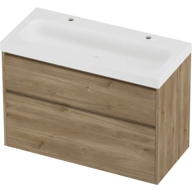 Proline Haga Badmeubelset Polystone Mezza 2 Kraangaten Greeploos 100x46x73 cm Mat White Cider Oak Eiken