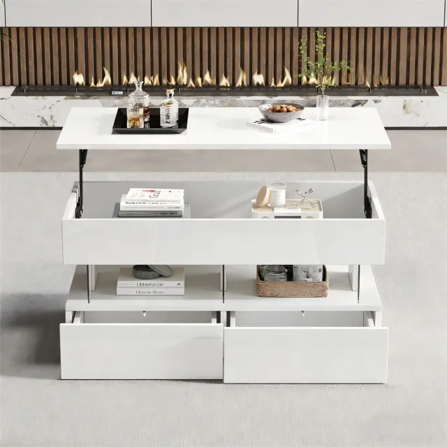 COVREO Salontafel 100 x 50 x 46 cm wit MDF met hoogteverstelling, opbergruimte en 2 lades
