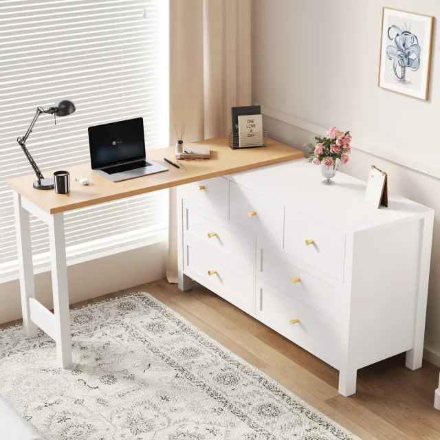 Merax Bureau met lade - 2-in-1 draaibaar werkstation en zijkast - 360° draaibaar tafelblad - wit/houtkleur - kaptafel - L-vormig hoekbureau