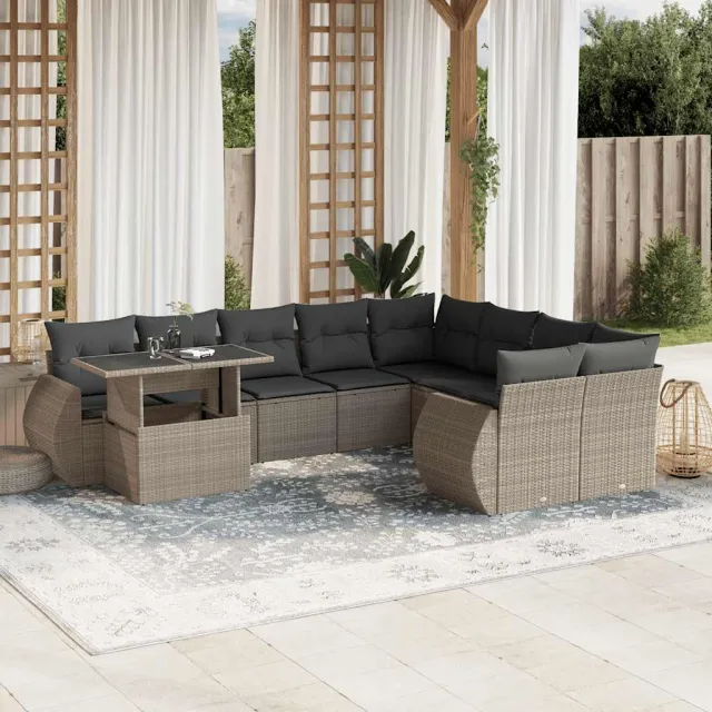 vidaXL 10-delige Loungeset met kussens poly rattan lichtgrijs grijs, foto 2