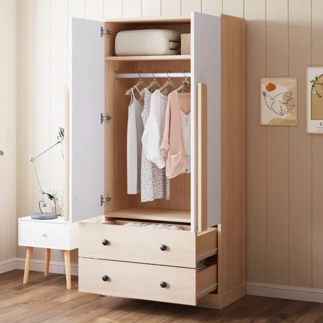 MODFU Kledingkast - Dubbele Deuren En 2 Laden - Eenvoudig Ontwerp - Hout En Wit - Hout, Metaal En MDF - 70 X 40 X 170 Cm Natuurlijk+Wit