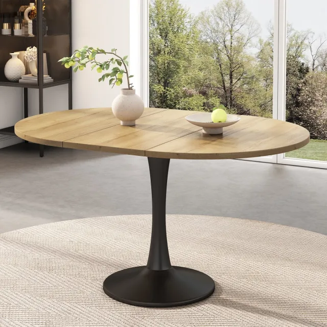 Sweiko Uitschuifbare Eettafel - Ovale/Rond tafel - 100/140 × 100 × 75 cm - Natuurhoutkleur + Zwart
