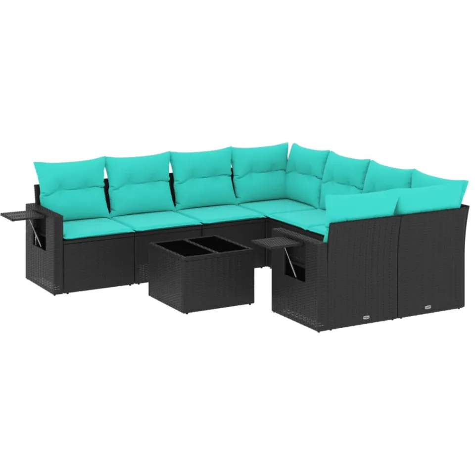 vidaXL 9-delige tuinbankset met kussens van zwart polyrotan, foto 3
