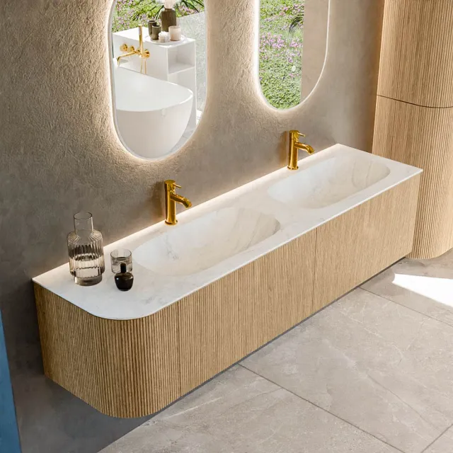 Mondiaz KURVE-DLUX 175 cm Onderkast Greeploos 2 Lades Met Deuren Oak, Wastafel Solid Surface Rechts Opalo 2 Kraangaten Zonder Spiegel (KRVSTS175L2L1D2KD-Oak/Opa)