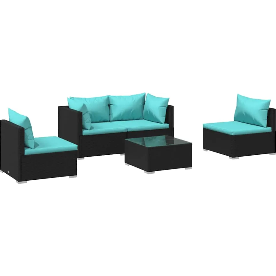 vidaXL 5-delige Loungeset met kussens poly rattan zwart, foto 3