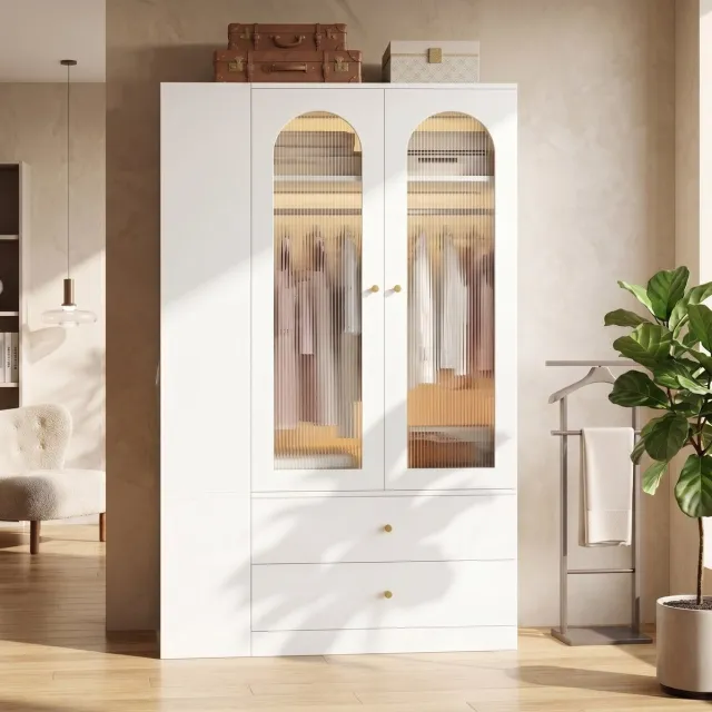 OKWISH Kledingkast - 4 Lades en 2 Glazen Deuren met 2 Kledingstangen - voor Slaapkamer of Kantoor - MDF Wit - 120 x 50 x 200 cm