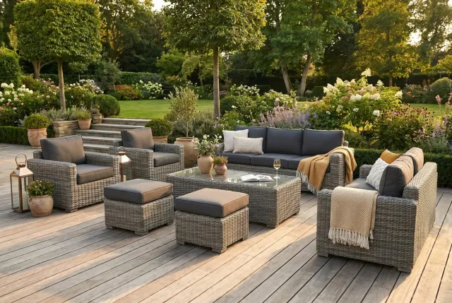 Vonato Loungeset 7-delig | Mix Bruin Wicker & Grijze Kussens | 2- & 3-Persoons Sofa | Aluminium Frame | incl. Koffietafel & Ottomans Mix brown / Grijs