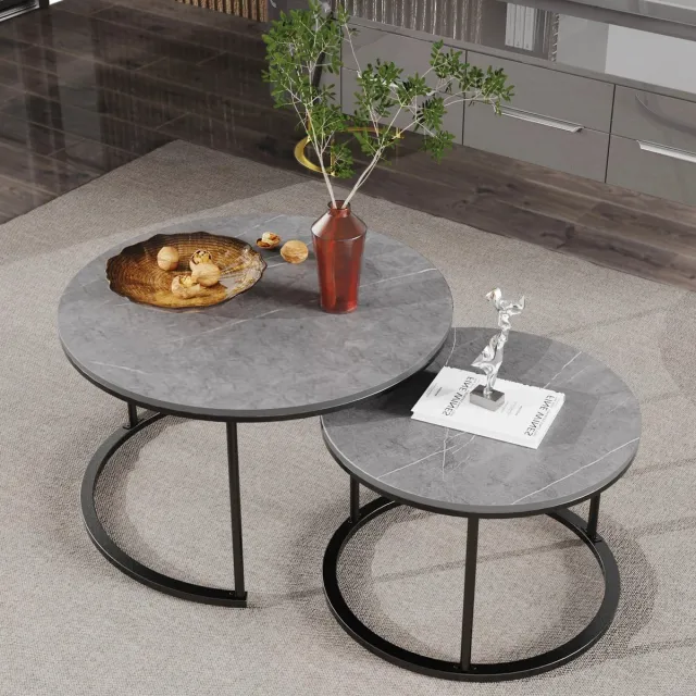 DHN Marmer Salon tafels - Set van 2 echte marmer salontafels - Woonkamer tafels Grijs - Bijzettafels - Marmer Grijs Grijs - Zwart