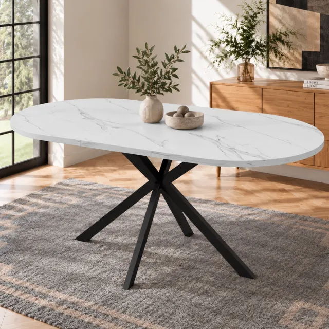 DESMIU Eettafel - Uitschuifbaar Ovaal Blad - Voor 4 tot 6 Personen in Eetkamer of Keuken - Wit MDF en Zwart Metaal - 120 tot 160 x 80 x 75 cm