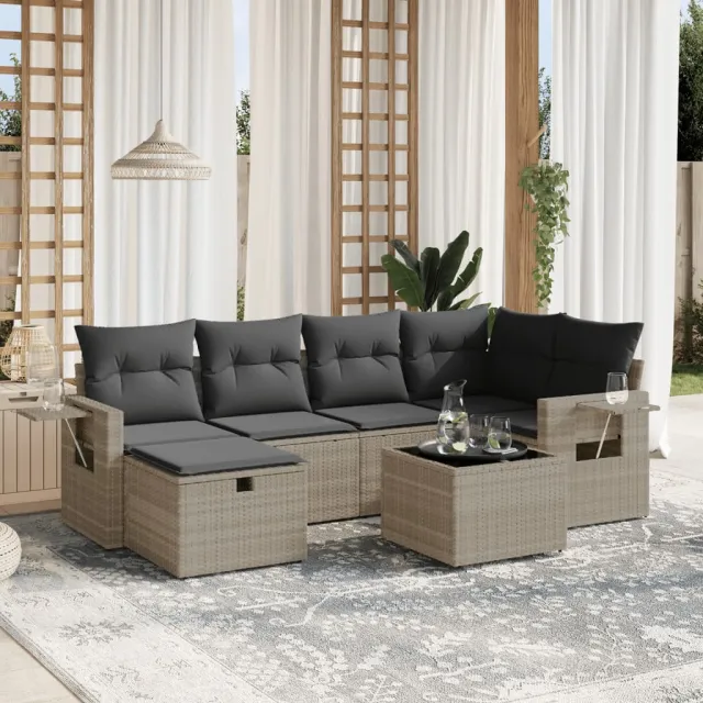 vidaXL 7-delige Loungeset met kussens poly rattan lichtgrijs grijs, foto 2