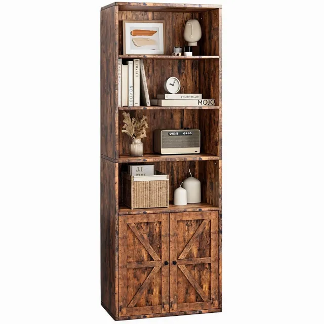 HOERFURIY Boekenkast in retro stijl, 181 x 30 cm, opbergmeubel voor kantoor woonkamer en slaapkamer bruin