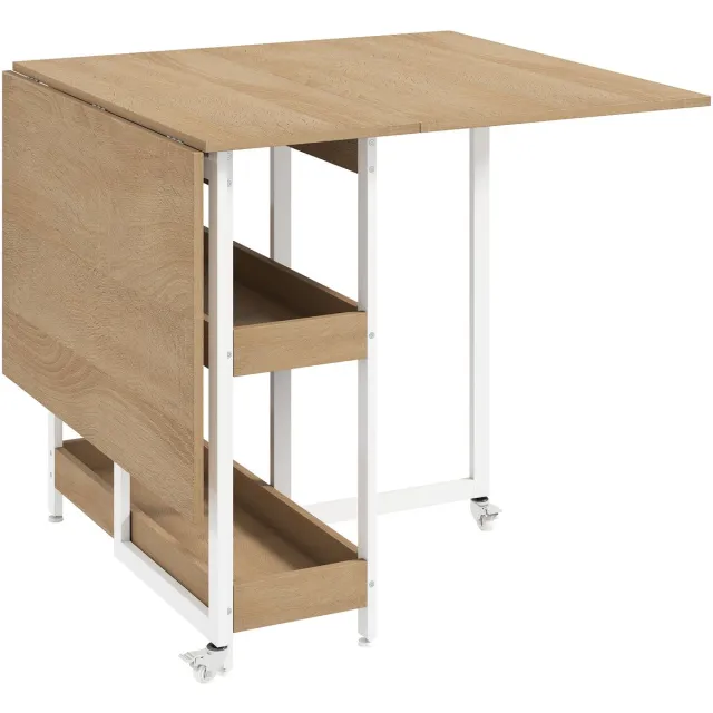Homona Klapbare eettafel - Voor maximaal 4 personen - Met 2 opbergvakken en wielen met remmen - 133,4 x 80 x 75 cm - Naturel Bruin