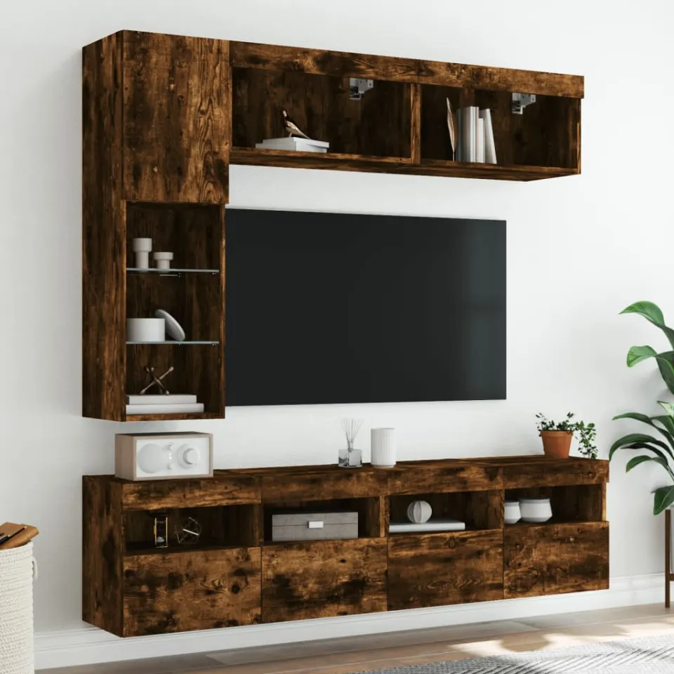 vidaXL 7-delige Tv-wandmeubelset met LED-verlichting gerookt eiken, foto 2