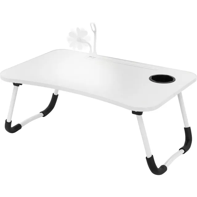 ml-design Laptoptafel voor Bed/Sofa, Wit, 60x40 cm, Opvouwbare Bedtafel, Notebooktafel met 4 USB-laadpoorten, Lade, USB-lamp, Ventilator, Tablethouder, Drankhouder, Laptopstandaard Lapdesks