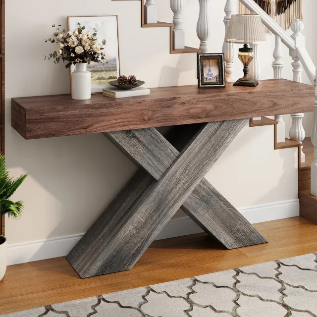 COVREO Sidetable 140x30x80 cm - walnootkleurige houtlook, X-vormige steun, smal ontwerp