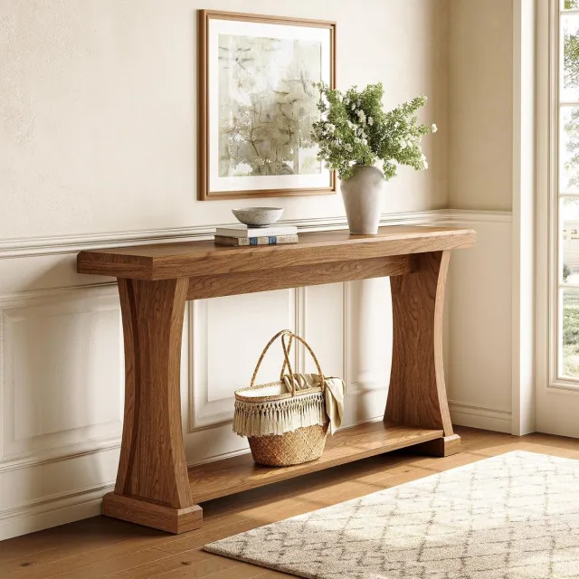 Tribesigns Consoletafel - 2-laags Sidetable - Hout - met opbergplanken - Industrieel - 160 x 35 x 85 cm - Console Tafel voor Hal, Woonkamer, Entree - Bruin