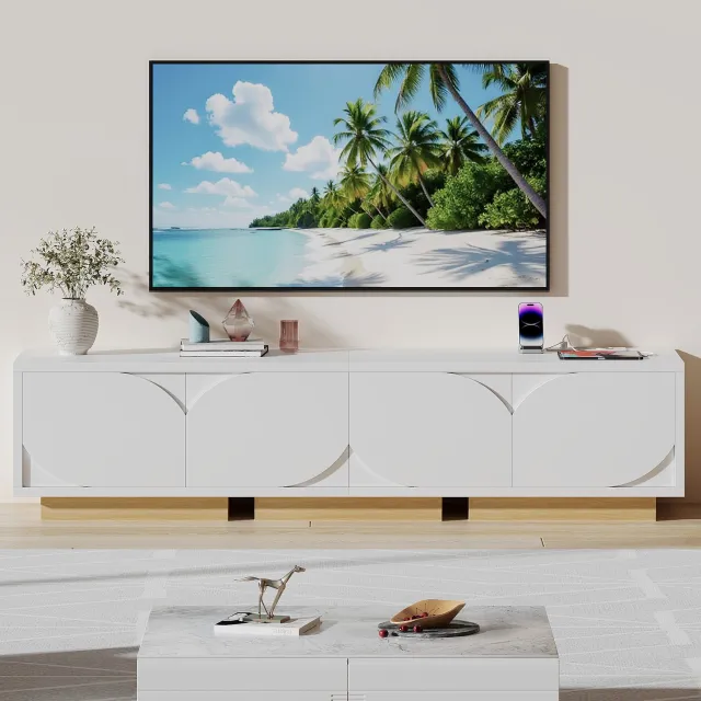ROSAHQNDA Tv-meubel 175x40x42 cm, Scandinavische tv-kast met 4 deuren, verstelbare legplanken en ruime opbergruimte, modern dressoir voor woonkamer, wit