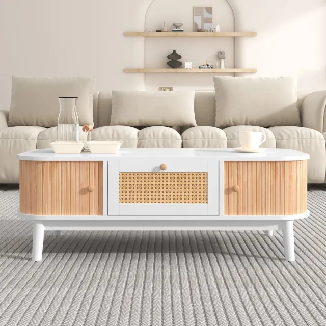 MODFU Salontafel 110*55*38.5cm van MDF met rattan accenten en massief houten deuren, landelijke uitstraling Wit