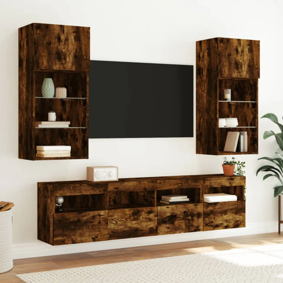 vidaXL 5-delige tv-wandmeubelset met LED bewerkt hout gerookt eiken, foto 3
