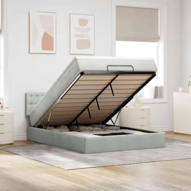 vidaXL Ottoman bed met matras en LED's 140x190cm fluweel lichtgrijs grijs
