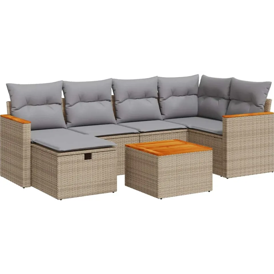 vidaXL 7-delige Loungeset met kussens poly rattan beige, foto 3