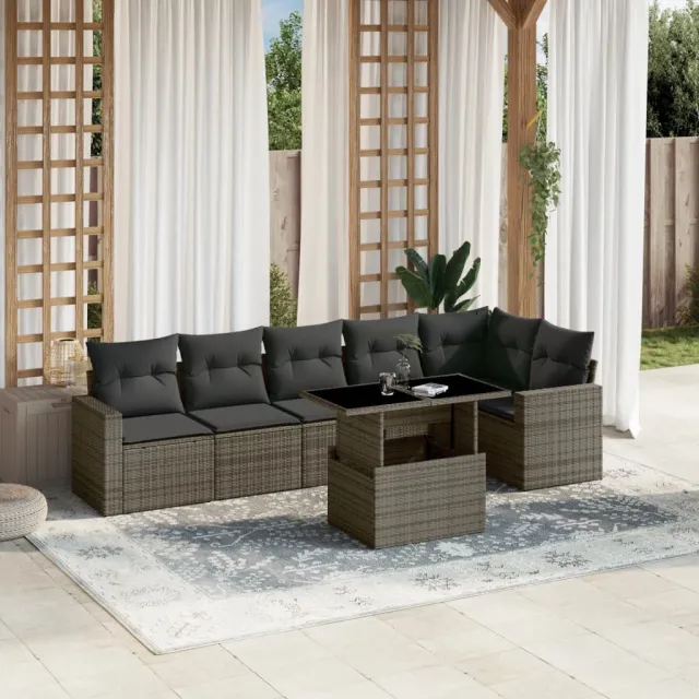 vidaXL 7-delige Loungeset met kussens poly rattan grijs, foto 2