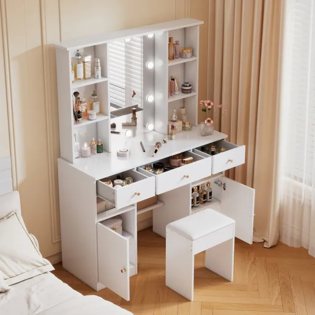 MEUNIQ Kaptafel 110 x 40 x 151 cm met spiegel, verstelbare LED-verlichting, kruk, 3 lades en 2 deuren voor slaapkamer - Wit