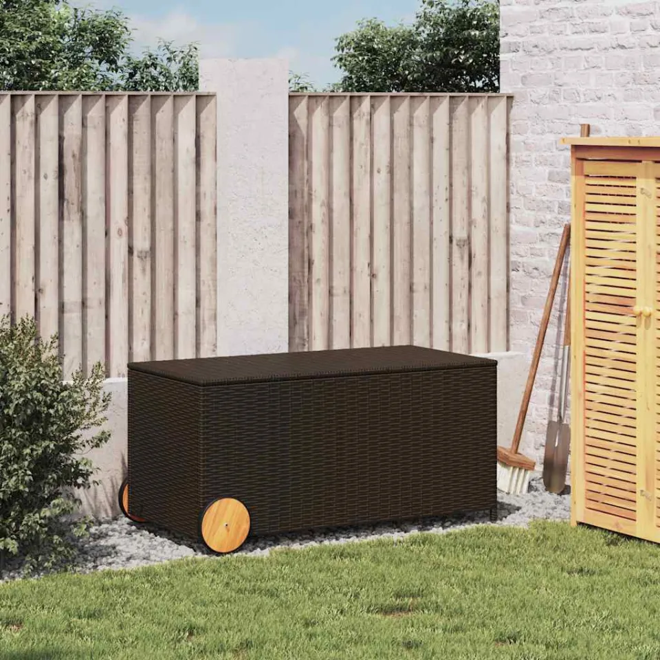vidaXL Tuinbox met wielen 190 L poly rattan bruin, foto 3