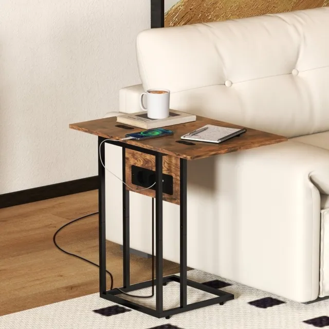 OKWISH Bijzettafel - Opklapbaar En Uitschuifbaar Met Laadstation - C-Vorm Voor Bank En Bed - Metaal En Spaanplaat Bruin Zwart - 39 x 29 x 57 cm