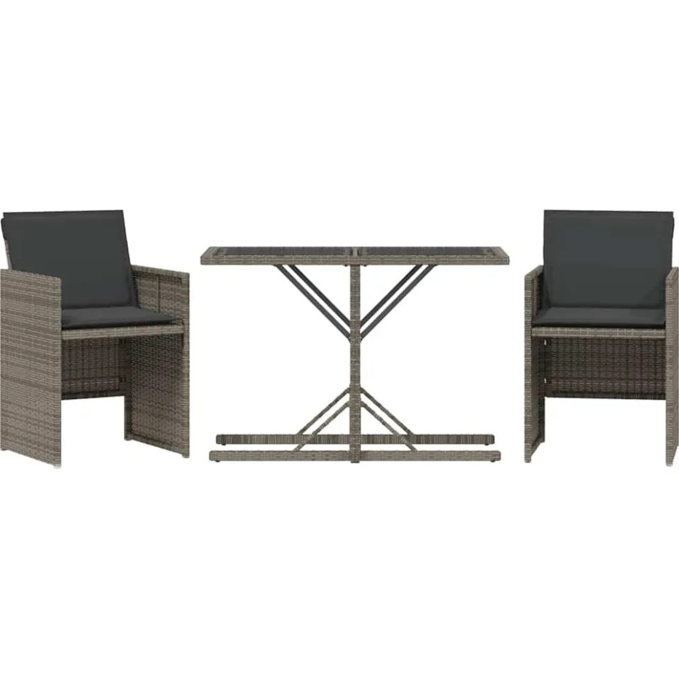vidaXL 3-delige Bistroset met kussens poly rattan grijs