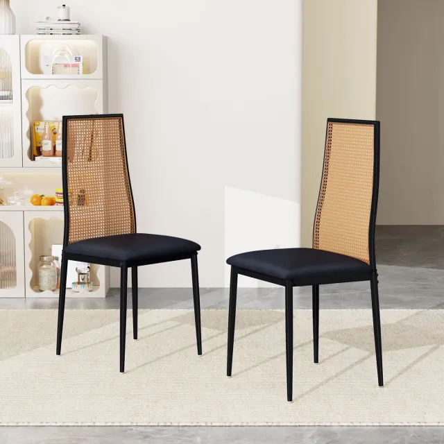 Solvenrik Eetkamerstoelen Set van 2 – Rotan Rugleuning met Fluwelen Zitting en Metalen Poten Zwart