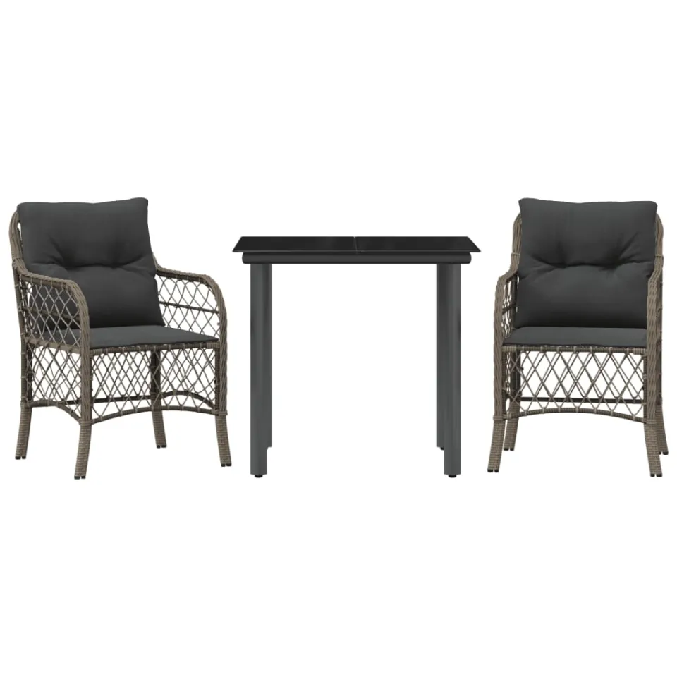 vidaXL 3-delige Bistroset met kussens poly rattan grijs, foto 3